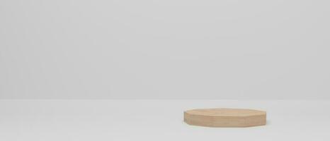 3d render. Wood podium on white background. Abstract minimal scene with geometrical. Scene to show cosmetic product presentation. photo