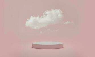 representación 3d escena de podio mínima con nube sobre fondo rosa pastel. plataforma abstracta con podio de cilindro, soporte de exhibición de productos. foto