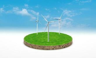 3d rendering. Cross section of green grass with wind turbine over blue sky background. photo