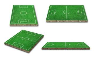 3D Rendering. Green lawn or grass soccer field collection isolated on white background. Different perspective photo