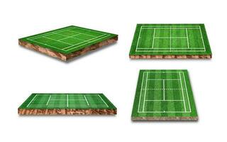 Collection of soil cubic cross section with grass tennis court field isolated on white background. 3D rendering. photo