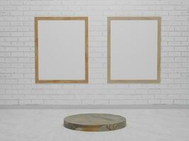 productos de plataforma mínimo podio de cemento sobre pared de ladrillo blanco. minimalismo abstracto con fondo de marco de imagen. renderizado 3d, ilustración 3d