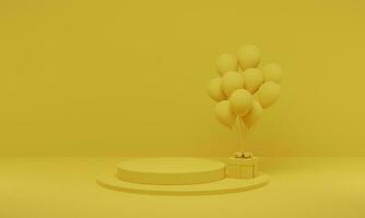 3D rendering. Yellow cylinder podium minimal with balloon on studio background. Abstract geometric shape platform with empty space. photo