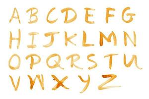 conjunto de alfabeto - letras de fundación aisladas sobre fondo de papel blanco. a - z escribir por mancha de café.
