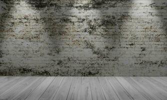 White brick wall and wood floor. Modern bright interior. Empty room with spotlight. 3D rendering photo
