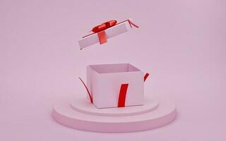 caja de regalo abierta con cinta roja en el podio de presentación con fondo de color rosa, concepto de día de San Valentín, representación 3d foto