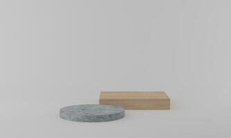 plataforma de escena mínima abstracta. podio de madera de forma geométrica con pedestal de cemento sobre fondo blanco. representación 3d foto