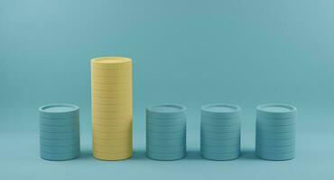 Yellow coin stacks standing out from crowd of identical blue fellows on light blue background. Concept of outstanding and different. 3d rendering.