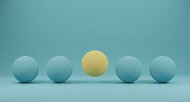 esferas amarillas destacadas entre círculo azul sobre fondo azul. concepto de creatividad sobresaliente y diferente. representación 3d foto