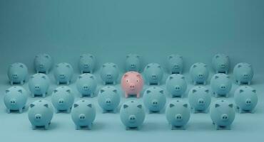 Pink piggy bank standing out from crowd of identical blue fellows. Concept of outstanding and different. 3d rendering. photo