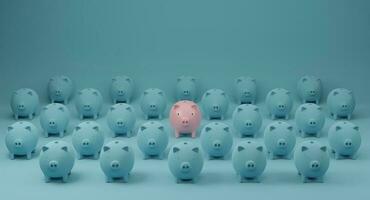 Pink piggy bank standing out from crowd of identical blue fellows. Concept of outstanding and different. 3d rendering. photo