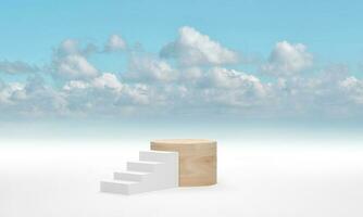 Wood cylinder podium against white ladder above the blue sky cloud background. 3d render photo