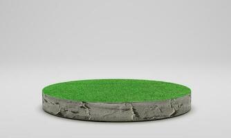 representación 3d campo de hierba cortado en círculo. podio de cemento con césped verde aislado sobre fondo blanco. foto