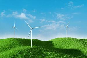 3d rendering. Landscape with wind turbine in green field over blue sky background. Ecology environmental concept. photo