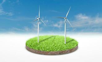 3d rendering. Cross section of green grass with wind turbine over blue sky background. photo