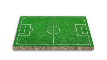representación 3d césped de fútbol, campo de fútbol de hierba verde, aislado sobre fondo blanco. foto