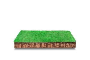3D render. Soil cubical cross section with green grass isolated on white background photo