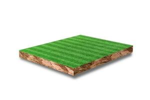 Soil cubic cross section with green grass football field isolated on white background. 3D rendering. photo