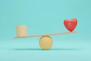 Heart and money scales concept. Importance between gold coin and love balance on scale. 3D Rendering. photo