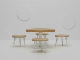 Comedor minimalista abstracto con mesa y sillas de madera. diseño de comedor de escena mínima abstracta. renderizado 3d, ilustración 3d foto
