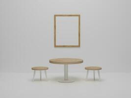 marco de fotos simulado en el comedor con sillas y mesa de madera. diseño de comedor de escena mínima abstracta. renderizado 3d, ilustración 3d