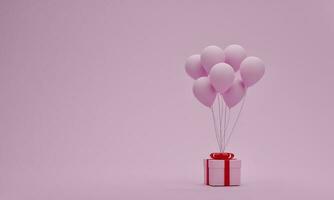 Gift box with balloon on pastel pink background. Valentine or special moment concept. Empty space for your decoration. 3D rendering photo