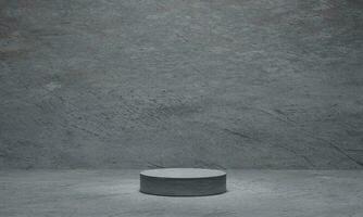 Cylinder concrete pedestal on grey cement background. Platform, Pedestal, Podium. 3D rendering. photo