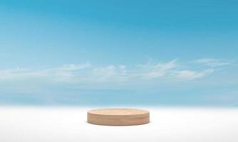 Minimal podium wood cylinder podium over blue sky cloud background. 3d render photo