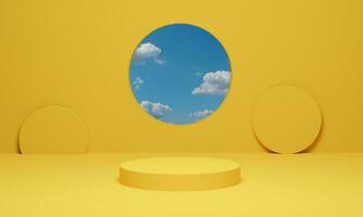 3d rendering. Abstract yellow background scene minimal geometric with cloud blue sky. photo