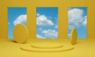 representación 3d fondo amarillo abstracto escena geométrica mínima con cielo azul nube. foto