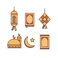 icono de ramadán de color dorado con lámpara de linterna, libro de al qur'an, ketupat, mezquita, alfombra de oración y luna creciente vector