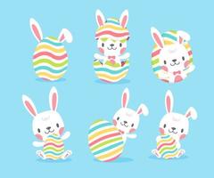 un pequeño conejito sale de un colorido huevo de Pascua. tarjeta decorativa de dibujos animados para niños vector