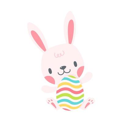 A little bunny pops out of a colorful Easter egg. cartoon decorative card for children