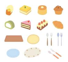 Set of different kinds of bakery desserts and plate fork. flat design style vector illustration.