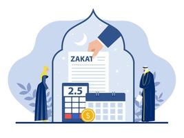 Hand gives notice pay Zaket financial,paperwork, financial research report and calculation of Zakt from profit on ramadan kareem flat vector illustrator.