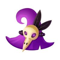 Purple magic hat with bird skull and feather. Wizard, witch element, tool. Fantasy world. Casual video game icon design. vector