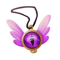 Magic amulet with crystal eye and wings. Wizard, witch element, tool. Fantasy world. Casual video game icon design.