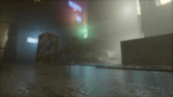 neon lights in soft focus on street with fog at night video