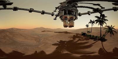 VR 360 alien spaceship rotate over desert. ufo