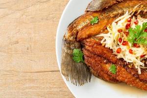 Fried Sea Bass Fish with Fish Sauce and Spicy Salad photo