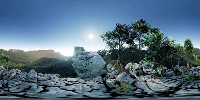 vr 360 aerial camera moving above rocks in mountains. ready for VR video