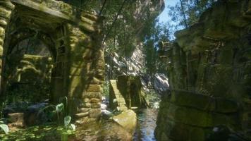 stenen ruïnes in een bos, verlaten oud kasteel video