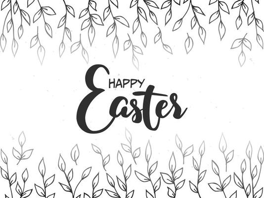 Spring lettering. Vector illustration with texture on a white background. Happy Easter. A frame of gray branches and leaves.