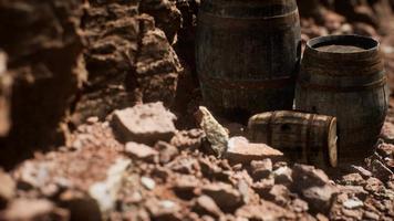 old wooden vintage wine barrels near stone wall in canyon video