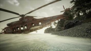 old rusted military helicopter near the island video