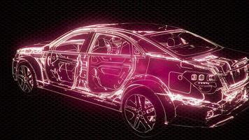 Holographic animation of 3D wireframe car model with engine video