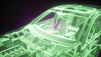 Holographic animation of 3D wireframe car model with engine video
