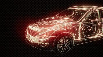 Holographic animation of 3D wireframe car model with engine video