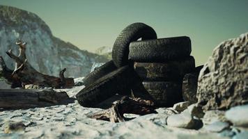 old abandoned tyres on sea shore video