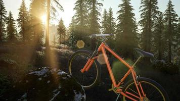 bicicleta na floresta de montanha ao pôr do sol video
